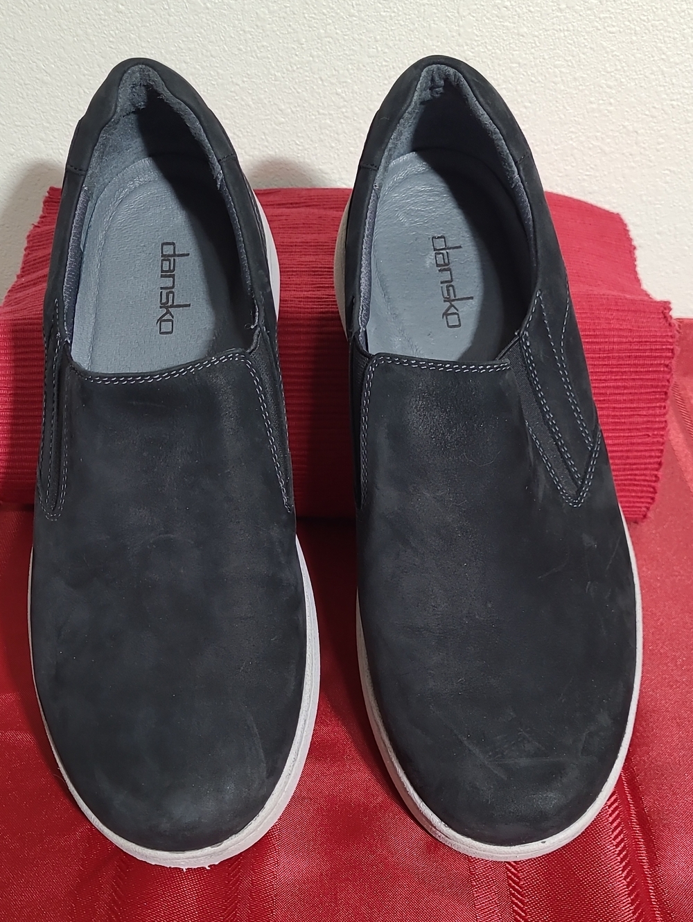 Dansko Trent Mens Slip-On Leather Loafer, Black with Slip Resistant White Soles